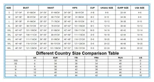 Detailed size guide table for women's one-piece swimwear ranging from size S to 6XL