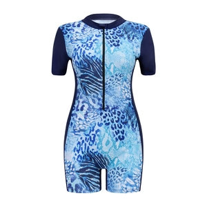 Short-sleeve one-piece swimsuit with front zipper and blue animal print pattern
