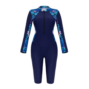 Long sleeve one-piece surfing swimsuit with tropical floral print and front zipper