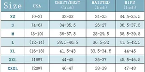 Detailed size guide for women's printed one-piece swimsuit ranging from XS to 3XL