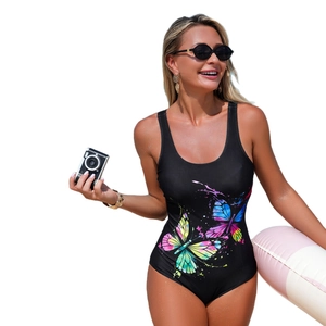 Women's black one-piece swimsuit featuring colorful butterfly print and U-neckline design