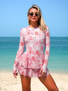 Pink leaf print long sleeve surfing swimsuit with zipper and double-layered skirt hem