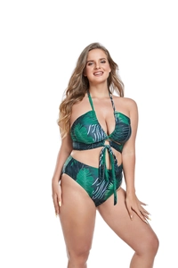 Dettaglio bikini taglie forti a vita alta con stampa di foglie tropicali verdi