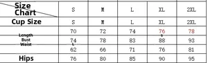 Size chart with measurements for solid color one-piece swimsuit S to 2XL sizes