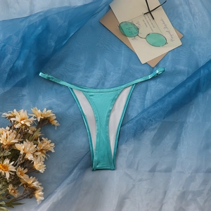 Detail der metallic-seegrünen Bikini-Hose mit Bändern und weißem Futter auf blauem Netz