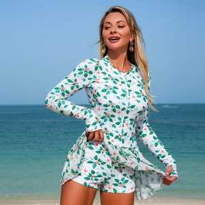 Detailed view of floral long sleeve surfing swimsuit with front zipper and side drawstrings