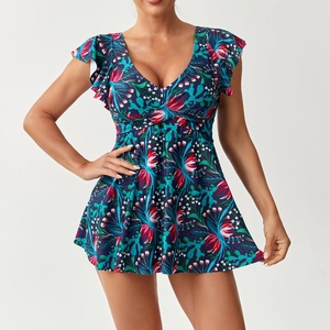 Robe de bain tankini pour femme avec imprimé floral tropical et décolleté en V à volants