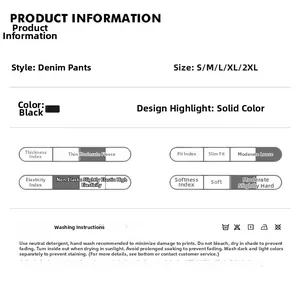 Size chart and fabric specifications for men's loose fit vintage black denim jeans