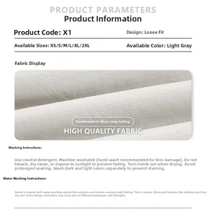 Tableau des tailles et conseils de lavage pour pantalon cargo gris clair ample taille XS à 2XL