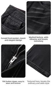 Vue détaillée du denim noir délavé avec fermeture éclair YKK et coutures d'ourlet renforcées