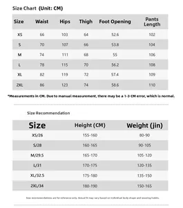 Tableau des tailles détaillé pour pantalon cargo avec mesures de taille et hanches
