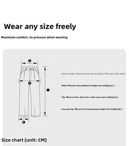 Detailed size chart showing measurement guide for casual straight leg trousers with waist and hip data