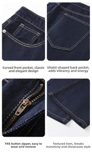 Détails du jean bleu foncé montrant la fermeture YKK, les poches et les coutures orange