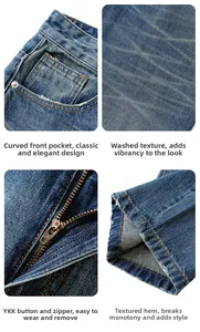 Dettagli di jeans blu con cerniera YKK, consistenza lavata e tasche anteriori curve