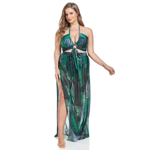 Set bikini 3 pezzi taglie forti con stampa tropicale e gonna lunga da spiaggia a spacco
