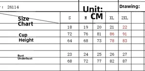 Comprehensive size chart for women's bikini set including cup height and waist measurements
