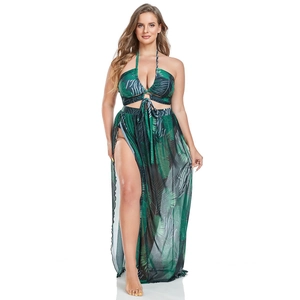 Set bikini 3 pezzi taglie forti con stampa tropicale e gonna da spiaggia trasparente