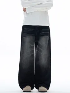 Men High Street Washed Distressed Wide Leg Jeans Vintage Loose Fit Denim Pants With Whisker Effect Streetwear Casual Pants