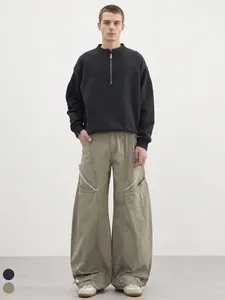 Pantalons Cargo Homme High Street Vibe 100% Coton Jambe Large Courbée Décontracté Avec Poches Bords Effilochés Streetwear