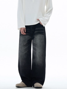 Men's high street vintage washed black wide leg jeans with cat whiskers and baggy fit