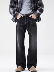 Jeans Homme Micro Flare Noir Délavé Vintage Américain Ample Usé en Denim de Coton Streetwear Pantalon Décontracté