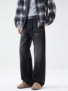 Jean vintage délavé noir pour homme, coupe évasée décontractée avec ceinture en cuir