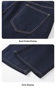 Détails du jean évasé vintage bleu foncé avec coutures jaunes et design de poche arrière