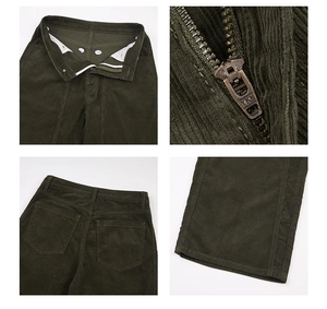 Detailed views of olive green corduroy pants with YKK zipper and functional back pockets