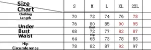 Size chart for long sleeve one-piece swimsuit with bust, waist and hip measurements