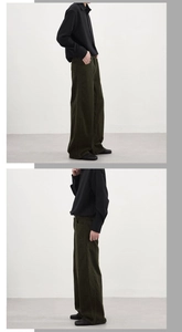Detail view of dark olive corduroy wide-leg pants showing texture and baggy fit