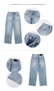 Détails du jean délavé bleu clair montrant la coupe ample et les finitions usées vintage