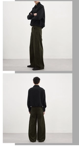 Detailed view of men's wide-leg corduroy trousers with textured vertical ribbing fabric