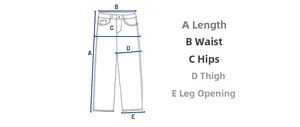 Detailed size chart guide for American cleanfit jeans showing pants length and waist