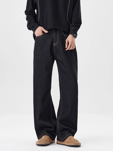 Jean denim homme coupe droite décontractée indigo foncé avec surpiqûres contrastées