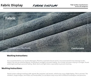 Detailed fabric view of washed blue denim with washing care instructions and textile texture