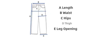Detailed size chart showing measurements for waist, hips, and length of cargo pants