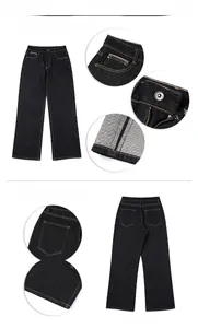 Detail view of dark blue straight-leg denim jeans with contrast stitching and metal button