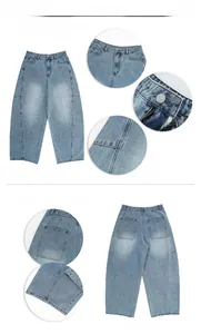 Vues détaillées du jean baggy bleu clair avec coutures structurées et bouton métallique