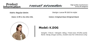 Size guide and loose fit flare jeans details in indigo blue and black denim colors