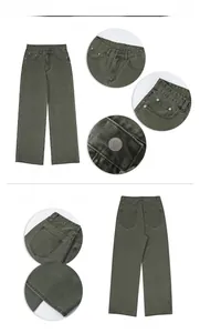 Detail view of high-waisted olive green straight leg jeans with button fly and stitching