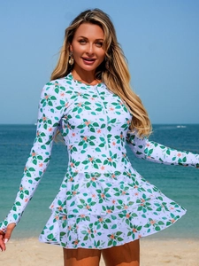Floral long sleeve one-piece swimsuit with zipper and skirted hem for surfing sun protection