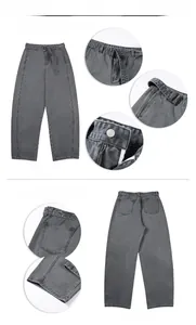 Detailed views of dark grey wide-leg trousers with denim belt and metal buckle accents