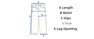 Size guide diagram showing how to measure waist, hip, thigh, and leg opening for denim pants