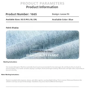 Vue détaillée du tissu denim délavé bleu avec guide des tailles et conseils d'entretien
