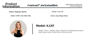 Detailed size chart and material specs for loose fit cotton denim pants in three colors