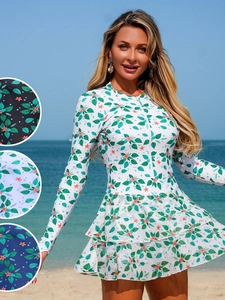 Floral long sleeve one-piece swimsuit with front zipper and double ruffle skirt