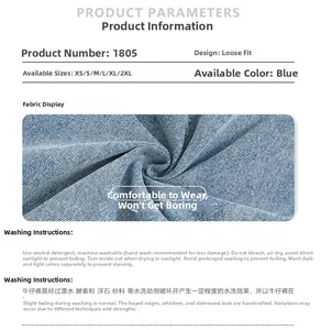 Close-up of blue denim fabric texture and detailed washing care instructions for jeans