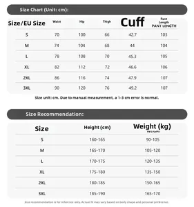 Detailed size chart for loose fit cotton trousers with height and weight recommendations
