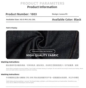 Size chart and washing guide for loose-fit black denim streetwear cargo jeans