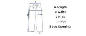 Detailed size guide chart showing pants length, waist, hip, thigh, and leg opening